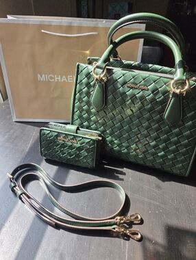 Michael Kors Woven Marilyn Medium Satchel With Matching Jet Set Wallet